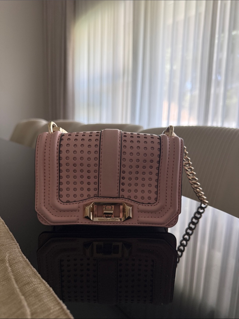 Rebecca Minkoff Pink Perforated Leather Chain Crossbody with Gold Hardware